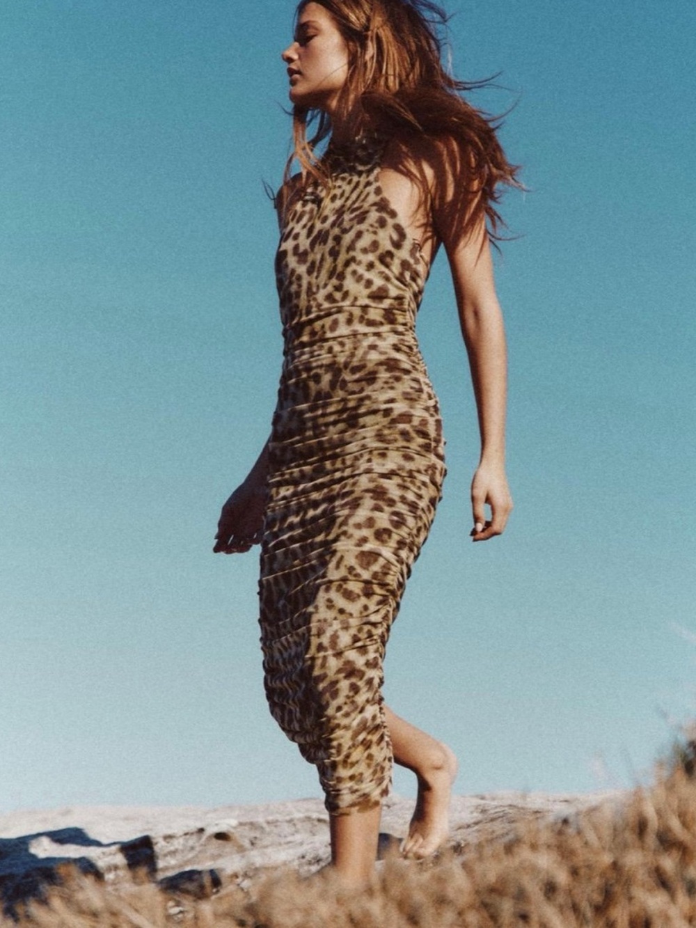 Zara Leopard-Print Ruched Midi Dress in Tan